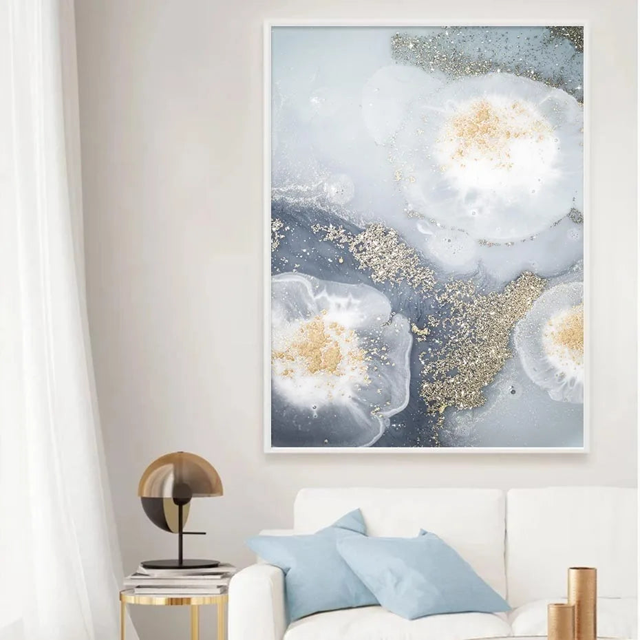 Blaue Weiße Goldene Abstrakte Florale Wandkunst Fein Kunst Leinwanddrucke Poster Bild Für Modernes Wohnzimmer Schlafzimmer Nordische Wohnkultur | Karnz