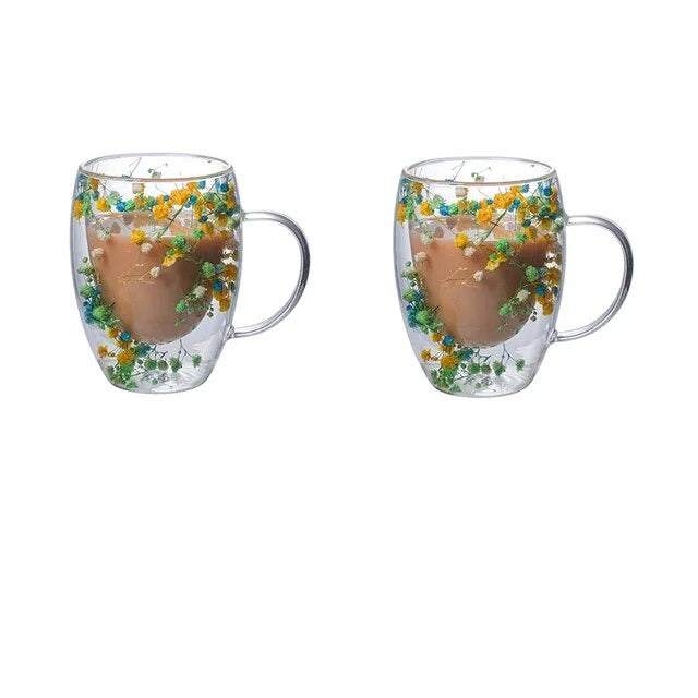 2pcs Getrocknete Blumen Doppelt wändige Glas Tasse