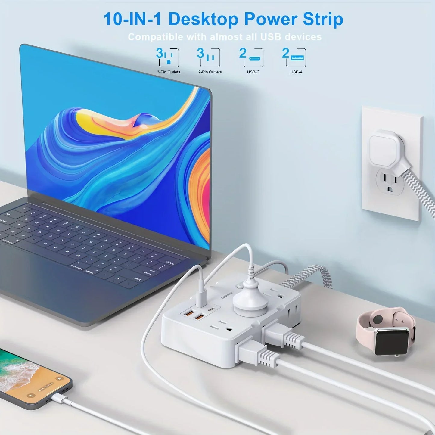 Smart Home-Steckdosenleiste mit USB-Schnellladefunktion | US-Stecker AC-Steckdose mit gewebtem Verlängerungskabel und Netzfilter | Karnz