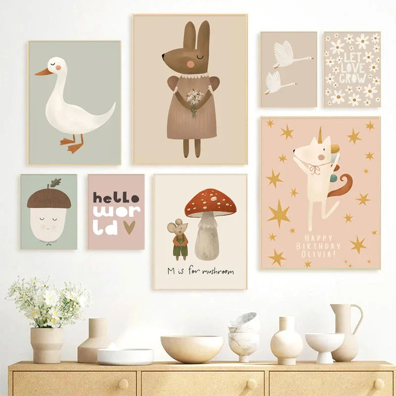 Niedliche Baby Tiere Kinderzimmer Wandkunst Illustrationen Fine Art Leinwanddrucke Gänse Maus Löwe Eisbär Poster Bilder für das Kinderzimmer Wanddekoration | Karnz