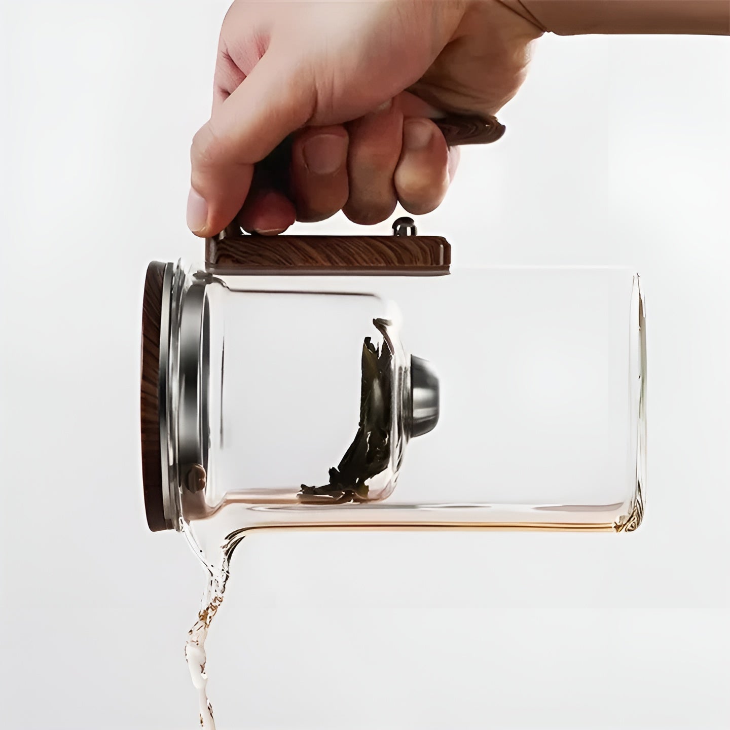 Glas-Teekanne mit Holzgriff – Ein-Klick-Filter | Perfekt für losen Tee & Puer | Karnz