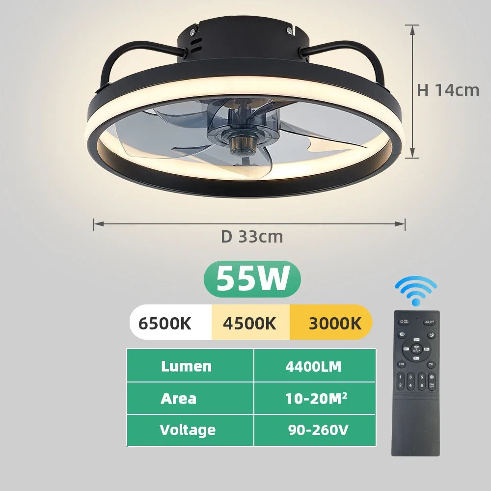 Moderner LED-Deckenventilator mit DC-Motor - 6 Geschwindigkeiten, Timer, Niedrigboden-Dachventilator, Fernbedienung Dekorative Beleuchtung | Karnz