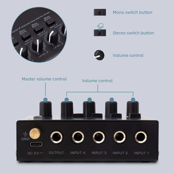 Ultrakompakter 4-Kanal-Audiomixer mit geringem Rauschen und Stereo-Cinch-Ausgang