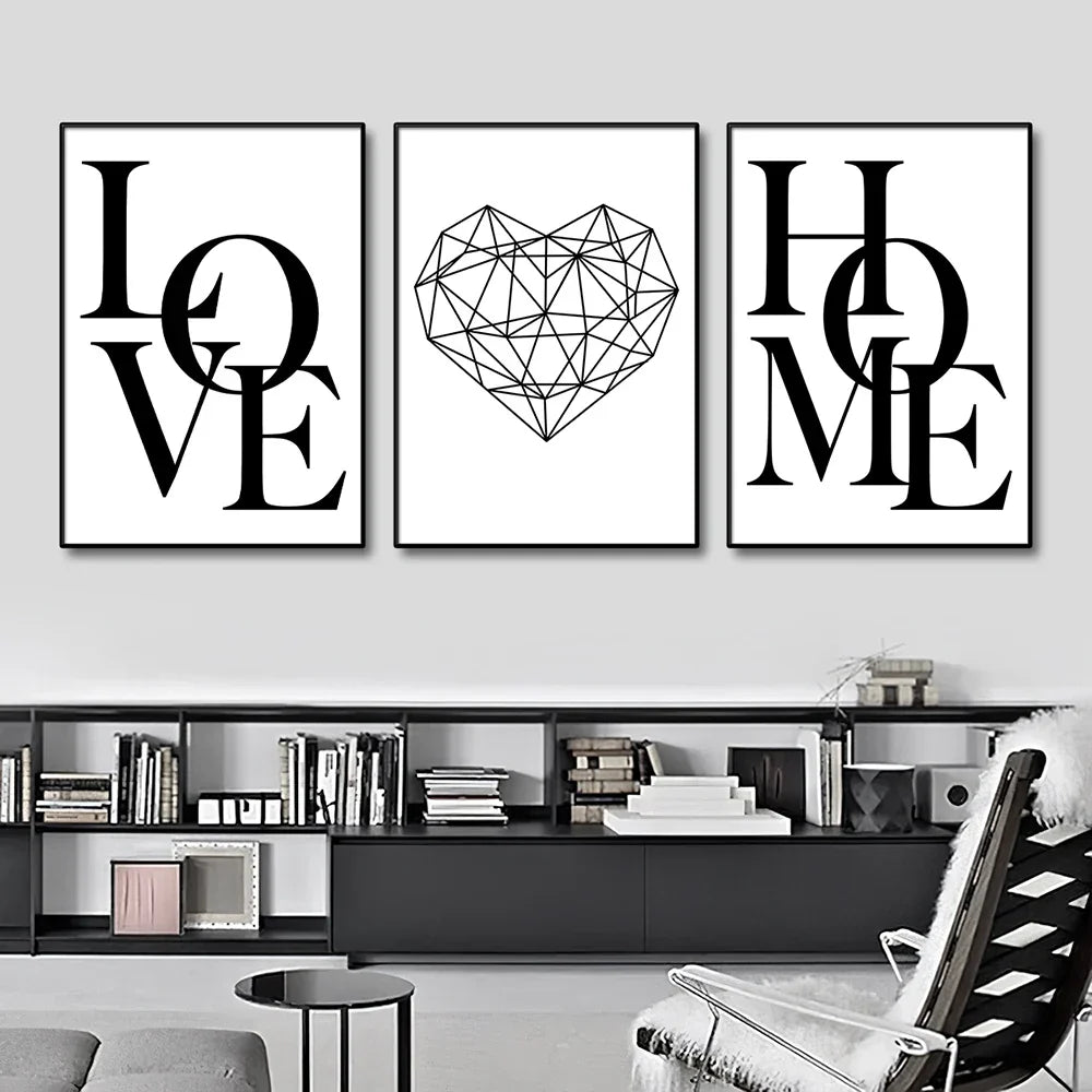 Set aus 3 Stück Geometrische Liebe Zuhause Herz Wandkunst Feine Kunst Leinwanddrucke Schwarz Weiß Minimalistische Poster Bilder Für Wohnzimmer Schlafzimmer Kunst Dekor | Karnz
