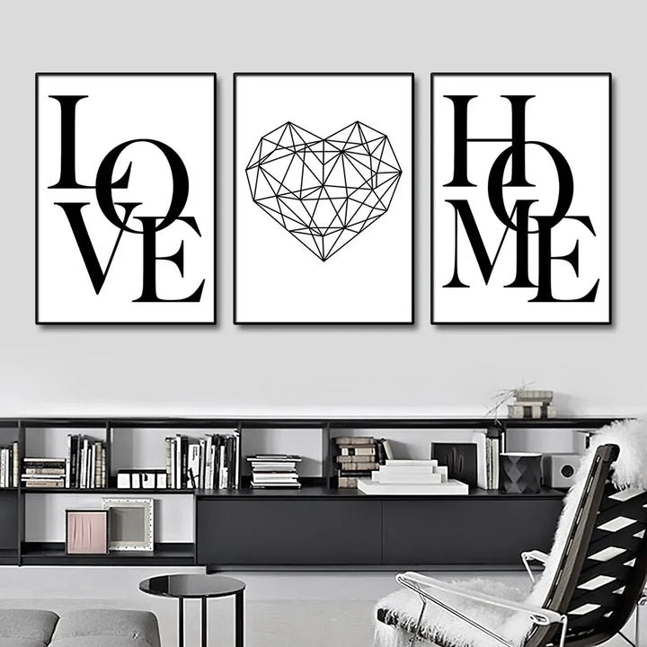 Set aus 3 Stück Geometrische Liebe Zuhause Herz Wandkunst Feine Kunst Leinwanddrucke Schwarz Weiß Minimalistische Poster Bilder Für Wohnzimmer Schlafzimmer Kunst Dekor | Karnz
