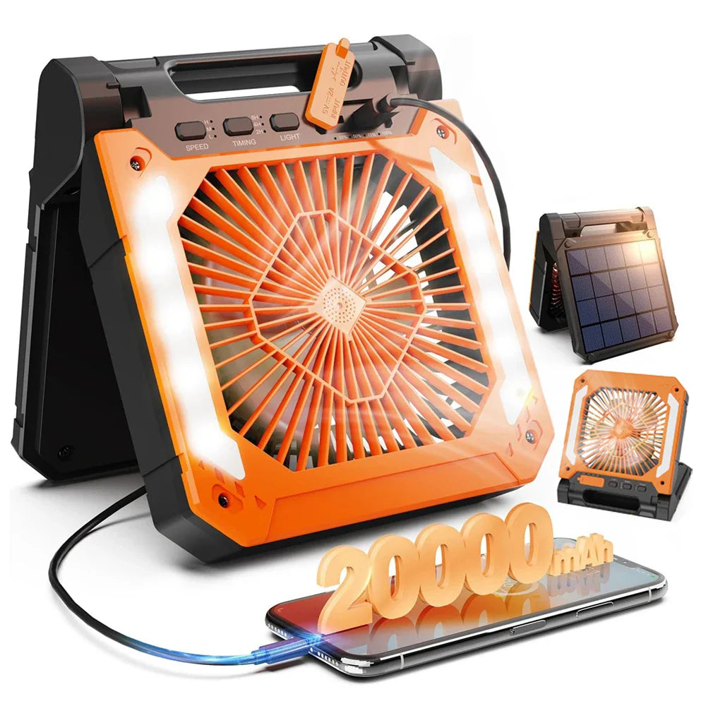 20000mAh Tragbarer Elektrischer Ventilator mit LED Licht — USB, Solar & Auto-Ladung für Camping | Karnz