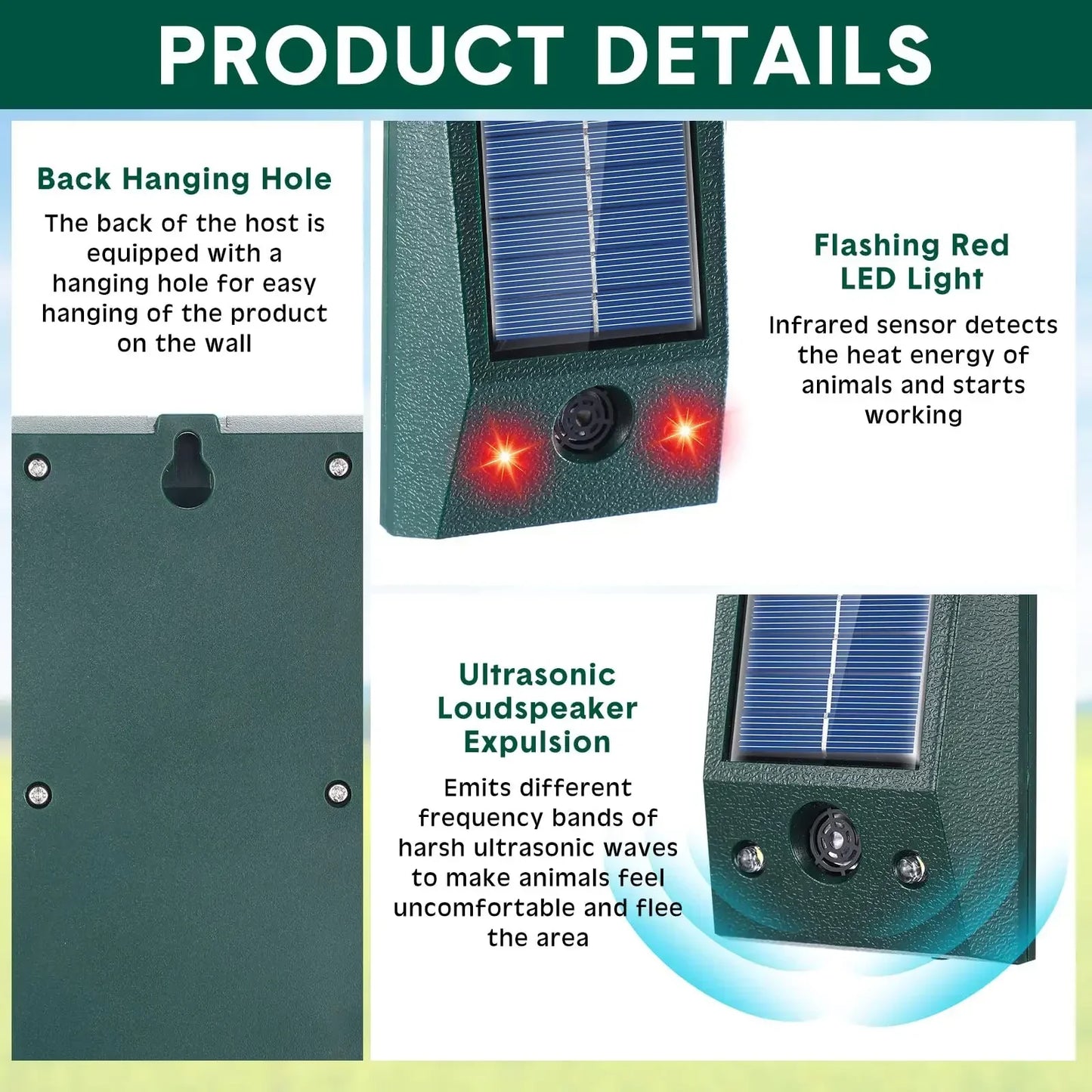 Karnz | SolarGuardix Ultraschall Vogelvertreiber Solar | Mit LED & Bewegungsmelder | Wasserdicht IP58 | 600 m² Abdeckung