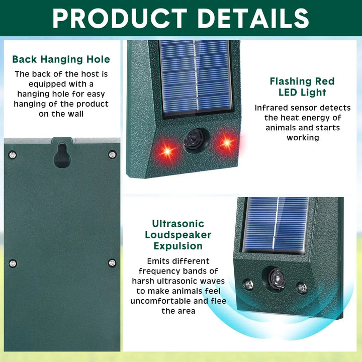 Karnz | SolarGuardix Ultraschall Vogelvertreiber Solar | Mit LED & Bewegungsmelder | Wasserdicht IP58 | 600 m² Abdeckung
