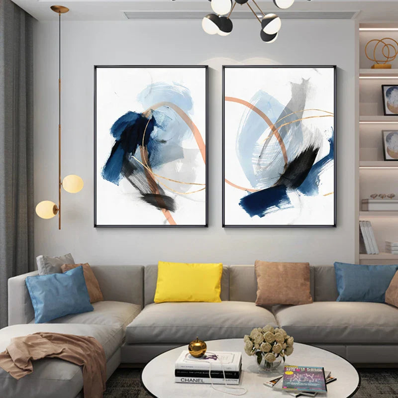 Modern Abstract Breite Stroke Wandkunst Feine Kunst Leinwanddrucke Blau Beige Mit Hinweisen Auf Orange Goldene Nordische Bilder Für Wohnzimmer Dekor | Karnz