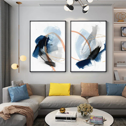 Modern Abstract Breite Stroke Wandkunst Feine Kunst Leinwanddrucke Blau Beige Mit Hinweisen Auf Orange Goldene Nordische Bilder Für Wohnzimmer Dekor | Karnz