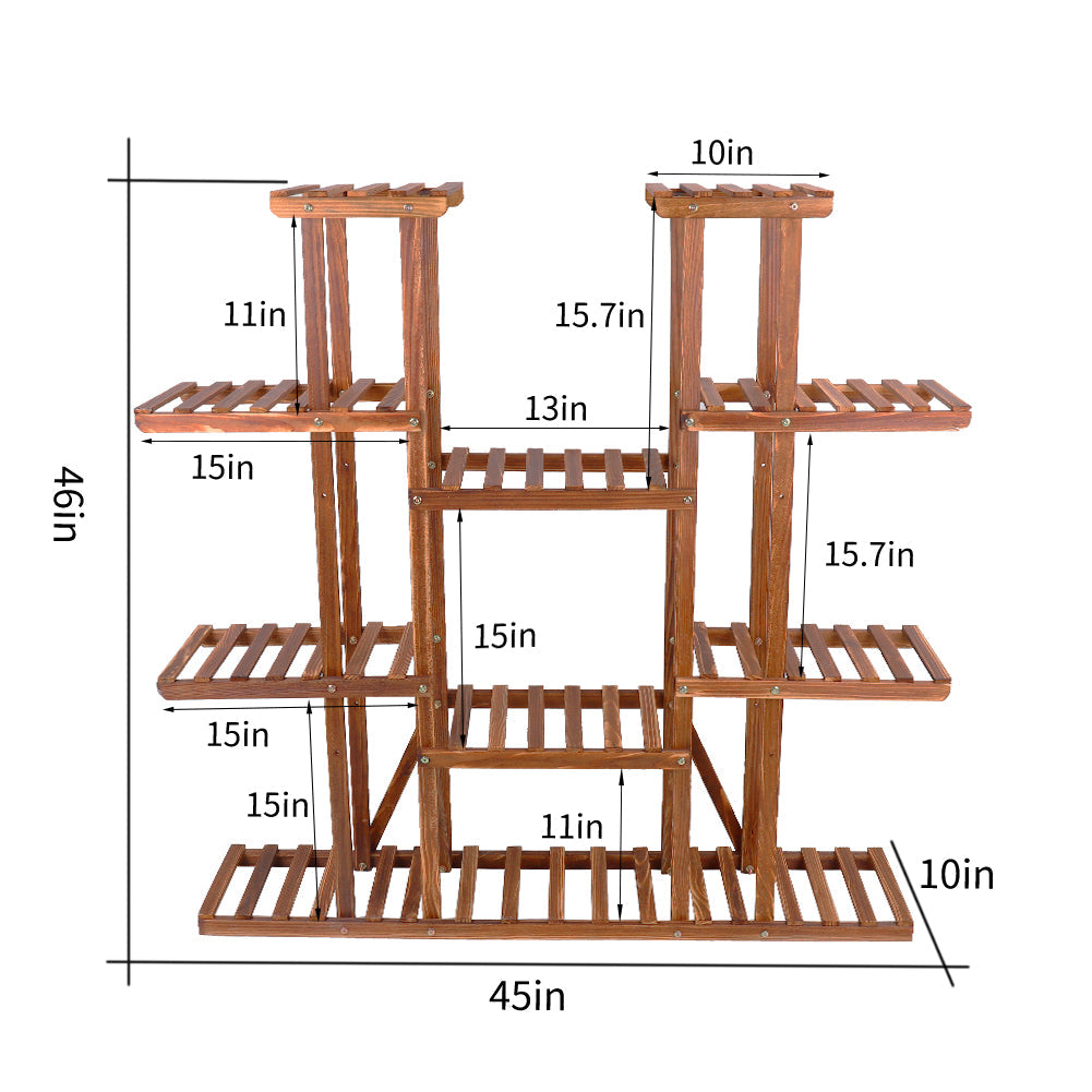 Großes 11-stöckiges Holz Pflanzenregal | Karbonisiertes, Breites Blumenständer für Innen & Außen | Karnz