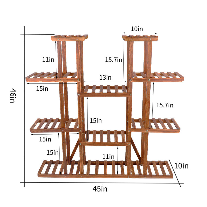 Großes 11-stöckiges Holz Pflanzenregal | Karbonisiertes, Breites Blumenständer für Innen & Außen | Karnz
