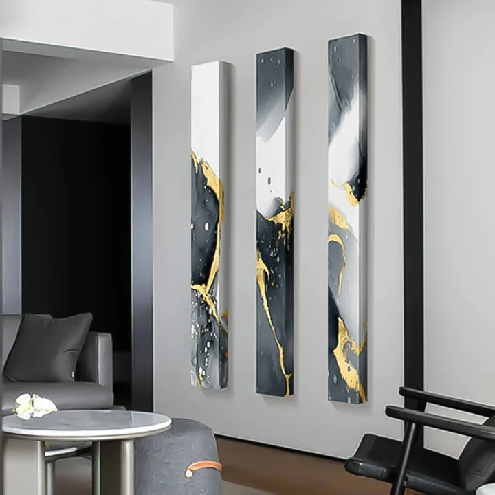 Abstrakte graue flüssige Marmor Wandkunst Fine Art Leinwanddrucke hohe vertikale schlanke Formatbilder für moderne Loftwohnung Wohnzimmer Home Office Dekor | Karnz
