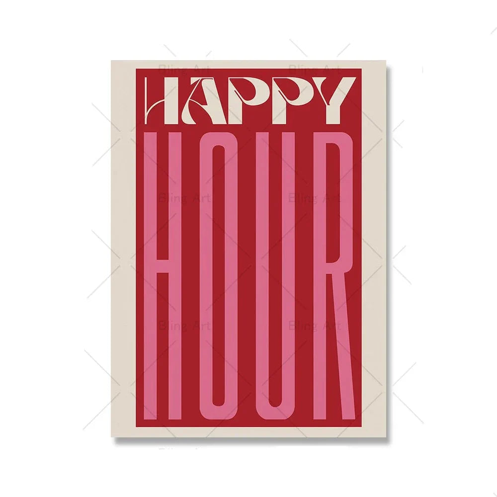 Retro Typografisch Happy Hour Bar Café Küche Wandkunst Feine Kunst Leinwanddrucke Bilder für Wohnzimmer Esszimmer Farbenfrohe Kunstdekoration | Karnz