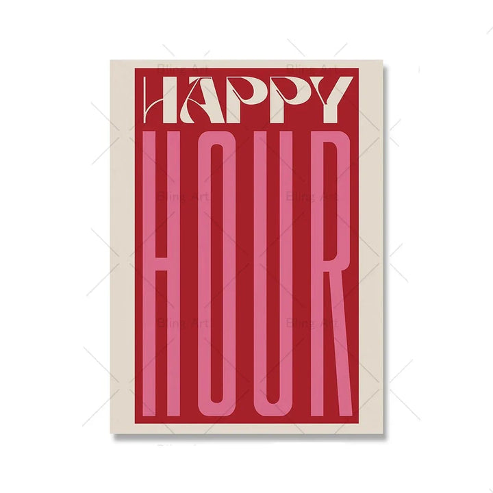 Retro Typografisch Happy Hour Bar Café Küche Wandkunst Feine Kunst Leinwanddrucke Bilder für Wohnzimmer Esszimmer Farbenfrohe Kunstdekoration | Karnz
