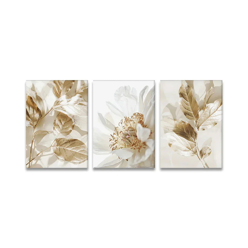 Moderne weiße & goldene florale Wandkunst feine Kunst Leinwanddrucke Bilder für Wohnzimmer Esszimmer Schlafzimmer Kunst Dekor (Set von 3 Stück) | Karnz