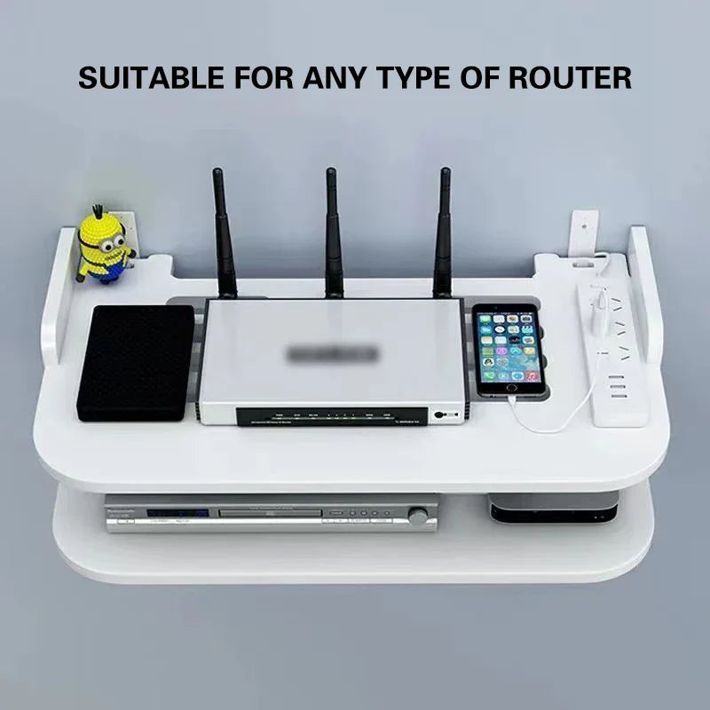 Karnz | SkyConnect Home | WLAN-Router Wandregal | Versteckter Kabel-Organizer & Steckdosenhalter | Schwebendes Regal für TV-Box & Mehr | Weiß | 40×12×8 cm