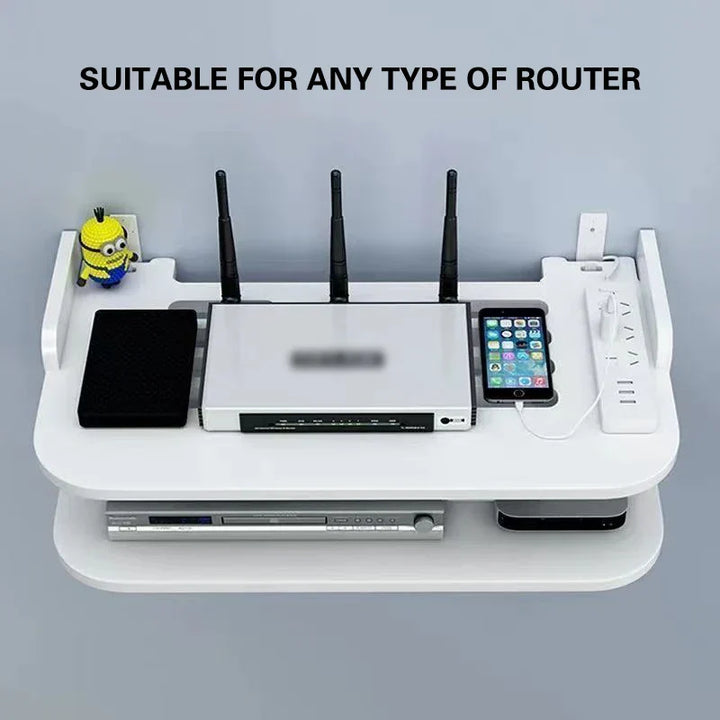 Karnz | SkyConnect Home | WLAN-Router Wandregal | Versteckter Kabel-Organizer & Steckdosenhalter | Schwebendes Regal für TV-Box & Mehr | Weiß | 40×12×8 cm