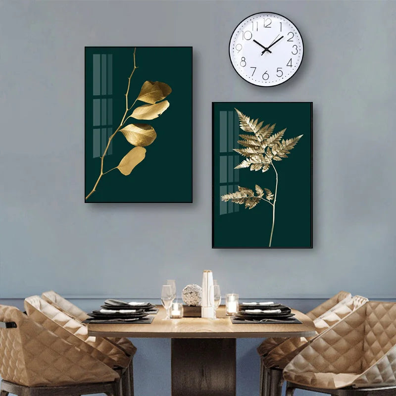 Abstrakte tropische Botanik goldene Blätter Wandkunst Feine Kunst Leinwanddrucke Bilder für Wohnzimmer Esszimmer Licht Luxus Wohnkultur | Karnz