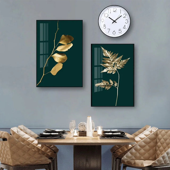 Abstrakte tropische Botanik goldene Blätter Wandkunst Feine Kunst Leinwanddrucke Bilder für Wohnzimmer Esszimmer Licht Luxus Wohnkultur | Karnz