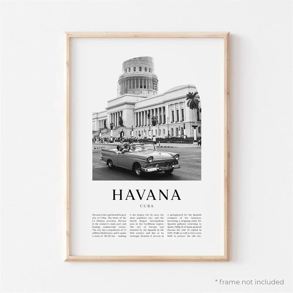 Cuba Havana Schwarz & Weiß Reiseplakat Wandkunst Feine Kunst Leinwanddrucke Bilder Für Wohnzimmer Esszimmer | Karnz