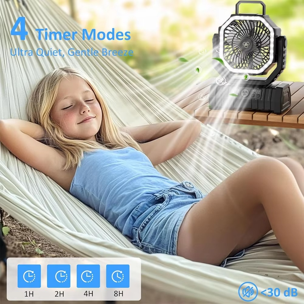 Wiederaufladbarer Campingventilator mit 20000mAh Batterie, 4 Geschwindigkeiten und LED Laterne | Karnz