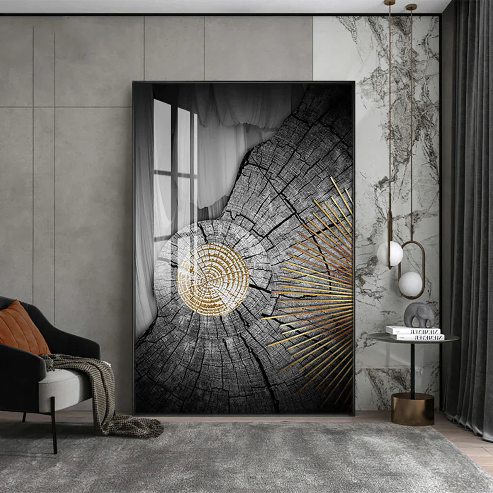 Abstrakte schwarze goldene Baumringe Wandkunst Fine Art Leinwanddrucke Licht Luxus Bilder für Wohnzimmer Foyer Eingangsbereich Empfangsraum Kunst Dekor