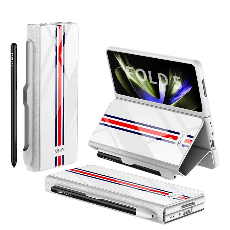 Karnz | Stoßfeste Rüstungshülle Hülle Glas Abdeckung Ständer Einfügkarte Lederhülle für Samsung Galaxy Z Fold 5/4