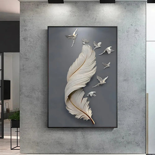 Sieben Vögel Feder Wandkunst Fine Art Leinwanddrucke 3D Visualisierung Minimalistische abstrakte Bilder für Wohnzimmer Eingang, Foyer Kunst Dekor | Karnz