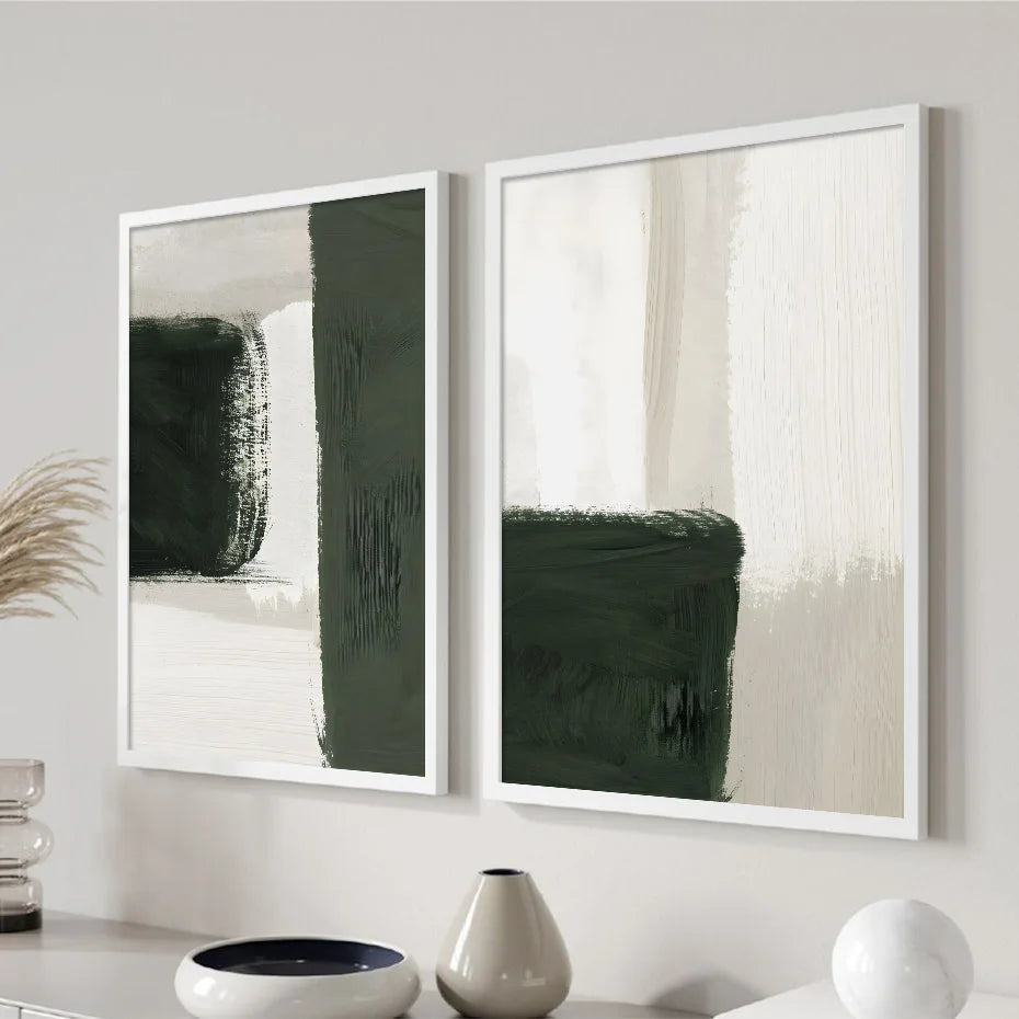 Moderne abstrakte grün beige weiße Pinselstrich Leinwanddrucke nordische Wandkunst für zeitgenössische Wohnzimmer Wohnkultur Kunstwerk | Karnz