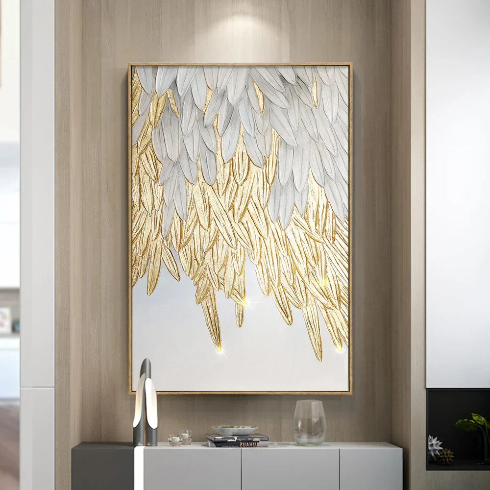 Modern abstraktes goldenes Federdesign Wandkunst Feine Kunst Leinwanddrucke Bild für Luxus-Wohnzimmer Schlafzimmer Eingangsbereich Foyer Kunst Dekor | Karnz
