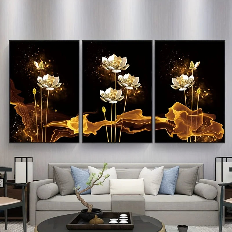 Set von 3PCs Weiße Goldene Lotus Exotische Florale Wandkunst Feine Kunst Leinwanddrucke Exotische Botanische Bilder Für Luxuriöses Wohnzimmer Esszimmer Schlafzimmer Kunstdekoration | Karnz