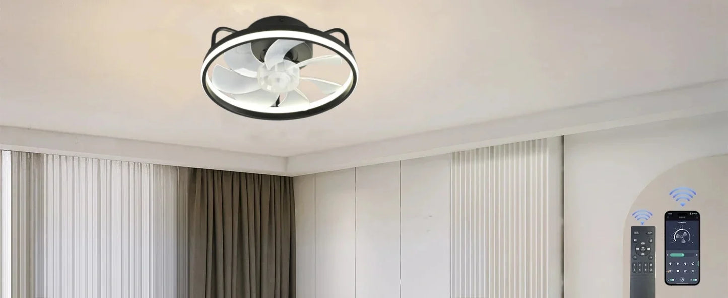 Moderner LED-Deckenventilator mit DC-Motor - 6 Geschwindigkeiten, Timer, Niedrigboden-Dachventilator, Fernbedienung Dekorative Beleuchtung | Karnz
