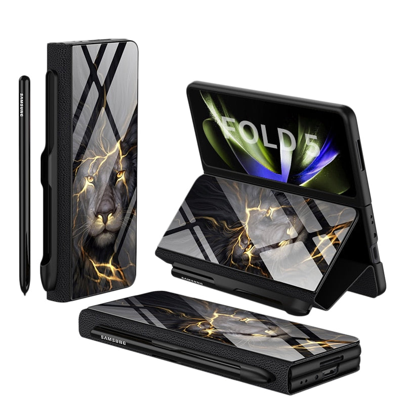 Karnz | Stoßfeste Rüstungshülle Hülle Glas Abdeckung Ständer Einfügkarte Lederhülle für Samsung Galaxy Z Fold 5/4