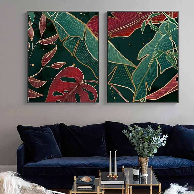 Moderne abstrakte tropische Botanik Wandkunst Fine Art Leinwanddrucke Rote grüne Palmenblätter Poster Bilder für Wohnzimmer Hotelzimmer Dekoration | Karnz