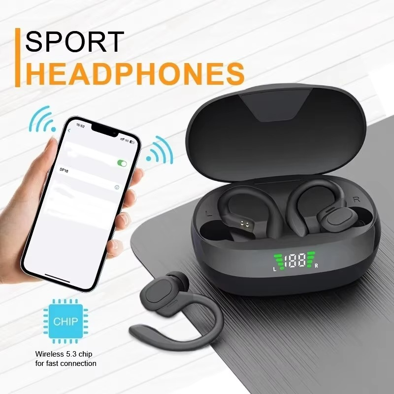 SP16 True Wireless Ohrhörer mit Ohrbügeln, wasserdichte Sportkopfhörer mit Mikrofon und HiFi-Stereo-Sound