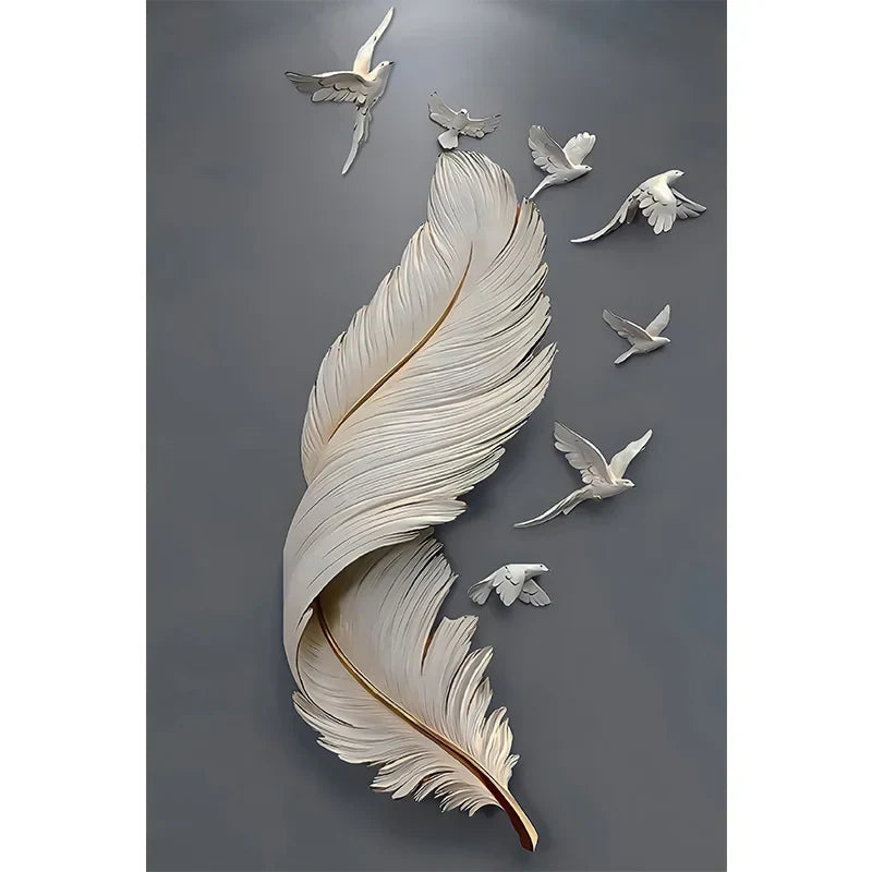 Sieben Vögel Feder Wandkunst Fine Art Leinwanddrucke 3D Visualisierung Minimalistische abstrakte Bilder für Wohnzimmer Eingang, Foyer Kunst Dekor | Karnz