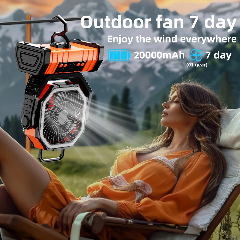 20000mAh Tragbarer Wiederaufladbarer Ventilator — Akku-Betriebene Tisch- & Camping-Lüfter mit LED-Licht & Haken für Zelt, Auto und Outdoor-Ausflüge | Karnz