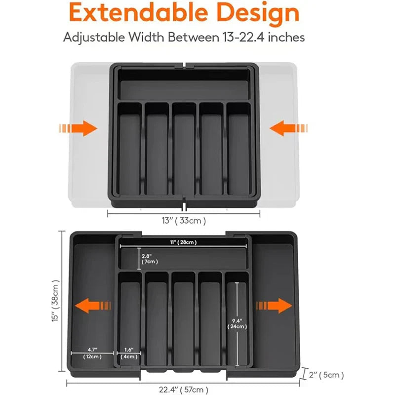 Karnz | Modulora Besteckschubladeneinsatz | Ausziehbarer Besteck-Organizer | Verstellbares Ordnungssystem aus PP | 38×35 cm