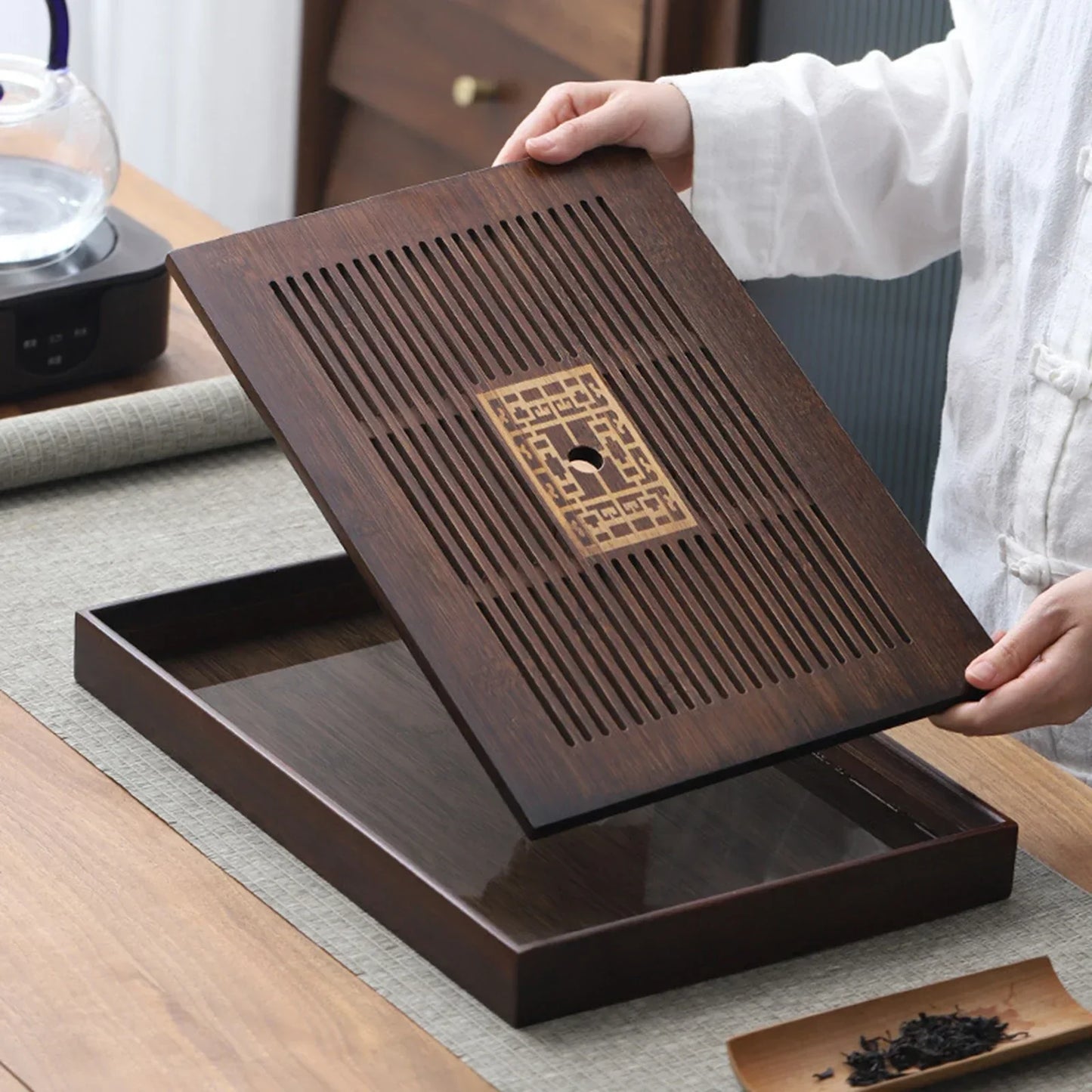 Chinesisches Teetablett mit Wasserlagerbox Haltbares einfaches Entwässerungstablett Teeservice-Tablett für Teestube Zuhause Haushalt Büro