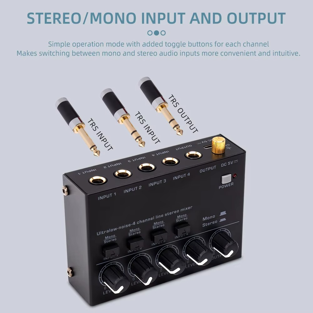 Ultrakompakter 4-Kanal-Audiomixer mit geringem Rauschen und Stereo-Cinch-Ausgang