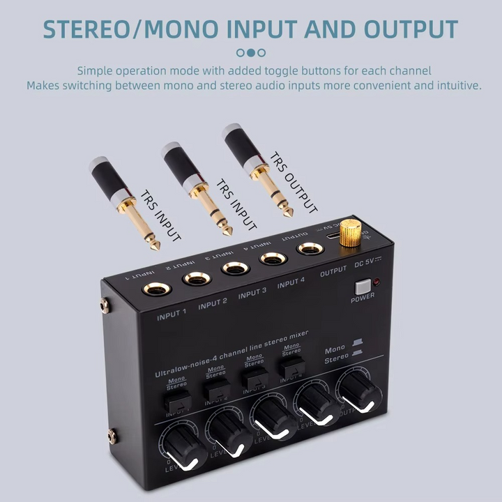 Ultrakompakter 4-Kanal-Audiomixer mit geringem Rauschen und Stereo-Cinch-Ausgang
