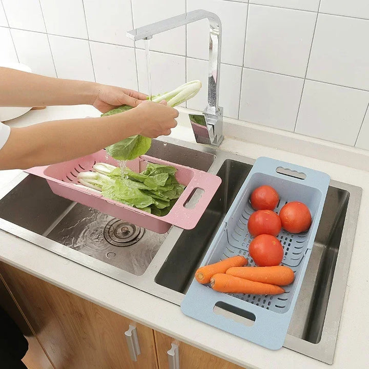 FlexDrain Abtropfkorb Küche – Verstellbarer Spülbecken Organizer | Auto Ablauf & Obst Gemüse Trockner | Platzsparendes Küchezubehör | Karnz
