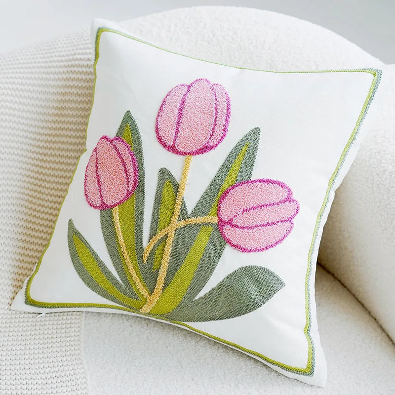 Grüner & Pink Tulpe Bestickter Kissenbezug | Karnz