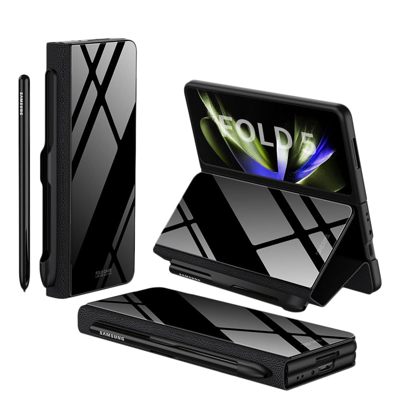 Karnz | Stoßfeste Rüstungshülle Hülle Glas Abdeckung Ständer Einfügkarte Lederhülle für Samsung Galaxy Z Fold 5/4