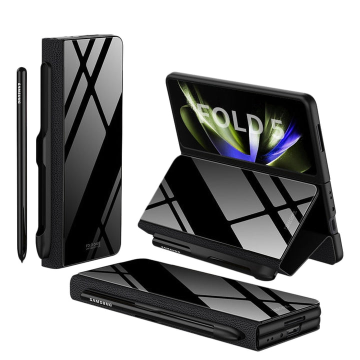 Karnz | Stoßfeste Rüstungshülle Hülle Glas Abdeckung Ständer Einfügkarte Lederhülle für Samsung Galaxy Z Fold 5/4