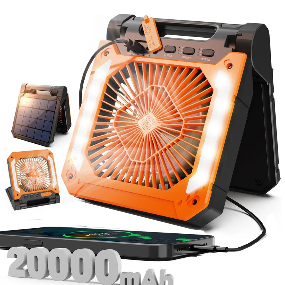20000mAh Tragbarer Elektrischer Ventilator mit LED Licht — USB, Solar & Auto-Ladung für Camping | Karnz
