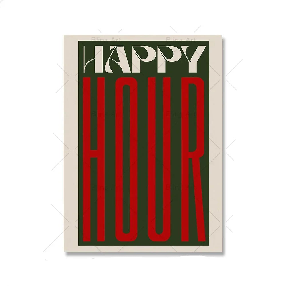 Retro Typografisch Happy Hour Bar Café Küche Wandkunst Feine Kunst Leinwanddrucke Bilder für Wohnzimmer Esszimmer Farbenfrohe Kunstdekoration | Karnz
