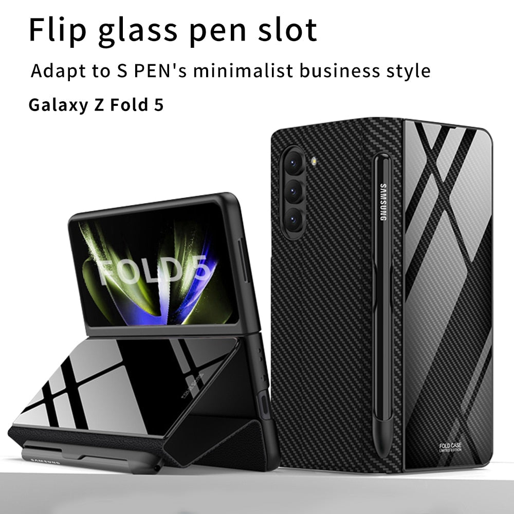 Karnz | Stoßfeste Rüstungshülle Hülle Glas Abdeckung Ständer Einfügkarte Lederhülle für Samsung Galaxy Z Fold 5/4