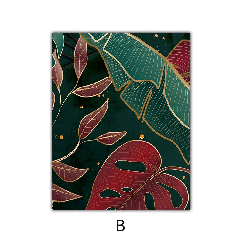 Moderne abstrakte tropische Botanik Wandkunst Fine Art Leinwanddrucke Rote grüne Palmenblätter Poster Bilder für Wohnzimmer Hotelzimmer Dekoration | Karnz